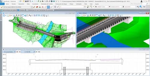 A computer screen displaying MicroStation software with 3D and 2D models of a bridge structure overlaid on a terrain map. Diagrams showing different views and measurements related to the bridge design are also visible. | Bentley Systems | Infrastructure Engineering Software Company A computer screen displaying MicroStation software with 3D and 2D models of a bridge structure overlaid on a terrain map. Diagrams showing different views and measurements related to the bridge design are also visible.