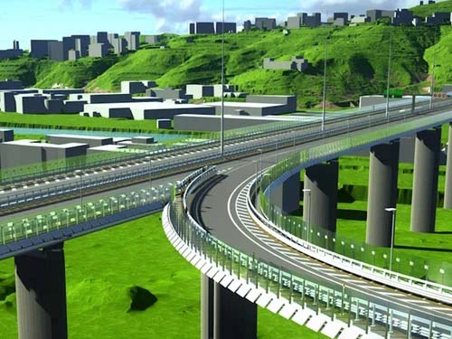 A multi-lane elevated highway with concrete pillars, designed using MicroStation, winds through a green, hilly landscape with buildings in the background. | Bentley Systems | Infrastructure Engineering Software Company A multi-lane elevated highway with concrete pillars, designed using MicroStation, winds through a green, hilly landscape with buildings in the background.