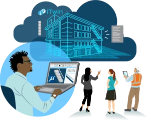 An illustration shows a person using a laptop with a 3D model of a building in MicroStation. In the background, three figures interact with a digital building model displayed on clouds labeled "iTwin," highlighting how visions become reality through innovative technology. | Bentley Systems | Infrastructure Engineering Software Company An illustration shows a person using a laptop with a 3D model of a building in MicroStation. In the background, three figures interact with a digital building model displayed on clouds labeled "iTwin," highlighting how visions become reality through innovative technology.