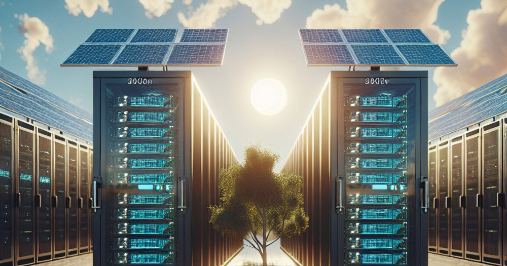Rows of server racks outdoors with solar panels on top, sunlight in the background, and a small tree between the racks, suggesting renewable energy-powered data centers. | Bentley Systems | Infrastructure Engineering Software Company Rows of server racks outdoors with solar panels on top, sunlight in the background, and a small tree between the racks, suggesting renewable energy-powered data centers.