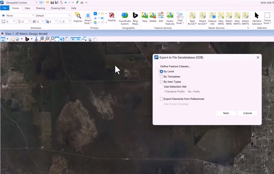 A computer screen displays GIS software with an aerial map view and an “Export to File Geodatabase” dialog box open in the workspace.