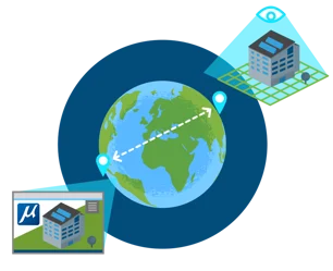 A globe with two pins connected by a dashed line. Above, an icon of a building with a magnifying glass and computer window. The graphic suggests global connectivity and monitoring of buildings, turning visions into reality using advanced tools like MicroStation. | Bentley Systems | Infrastructure Engineering Software Company A globe with two pins connected by a dashed line. Above, an icon of a building with a magnifying glass and computer window. The graphic suggests global connectivity and monitoring of buildings, turning visions into reality using advanced tools like MicroStation.